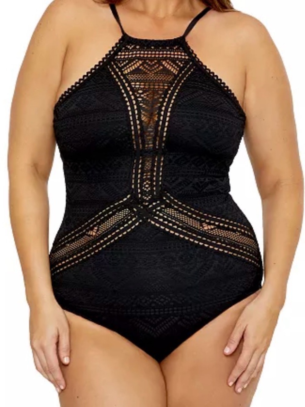 BECCA Black Crochet Halter One-Piece Swimsuit - Women Swim NWT 0X